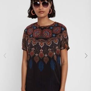 Desigual EU 40 / L Black Multicolor Boho Floral Mesh Shift Dress NWT